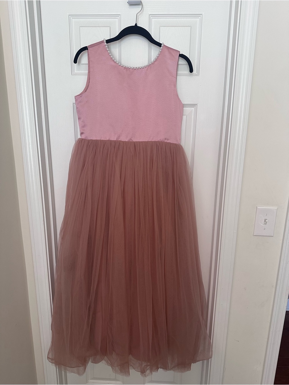 Pink Satin & Tulle Maxi Dress with Beaded pearl Neckline